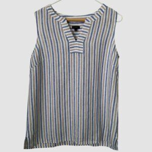 Talbots Sleeveless Linen Lace-up V-neck Top Blue, White & Tan Striped Size M NWT
